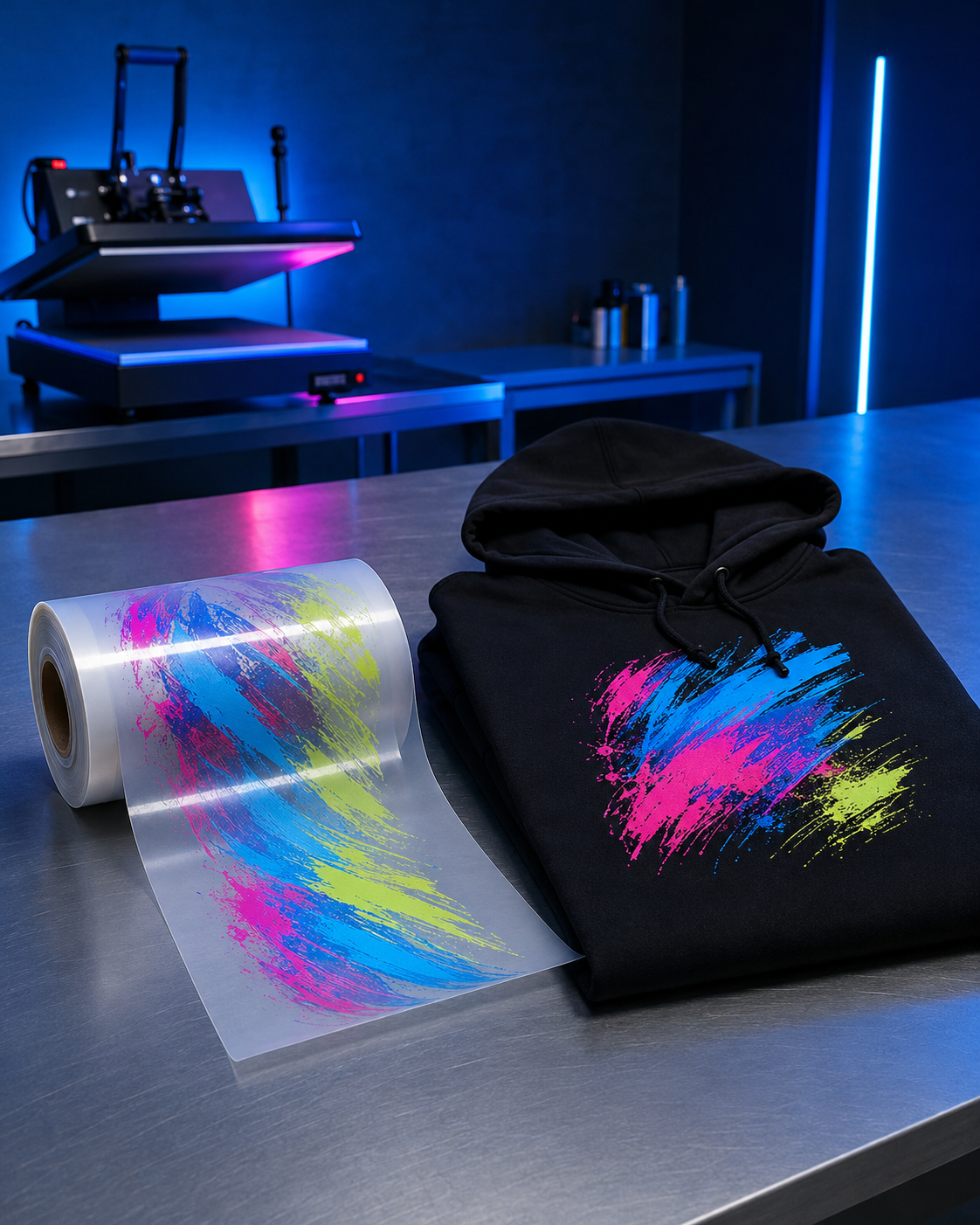 Rollo de impresión DTF textil junto a una prenda personalizada